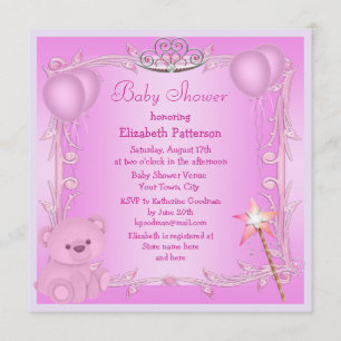 Pink Princess Teddy Bear & Balloons Baby Shower Invitation