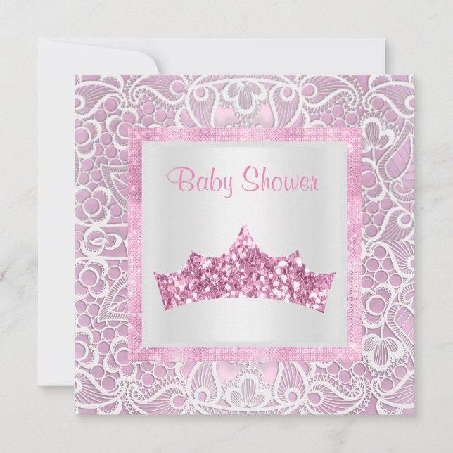 pink princess theme baby shower lace tiara invitation (Front)