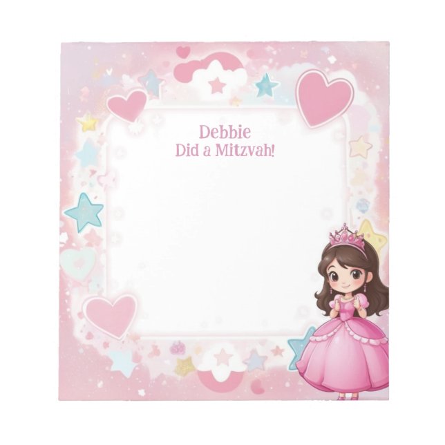 Pink Princess Themed Brunette Personalised Mitzvah Notepad (Front)