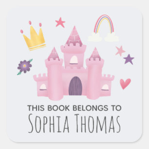 Pink Princess 'This Book Belongs' Kids Bookplate Square Sticker