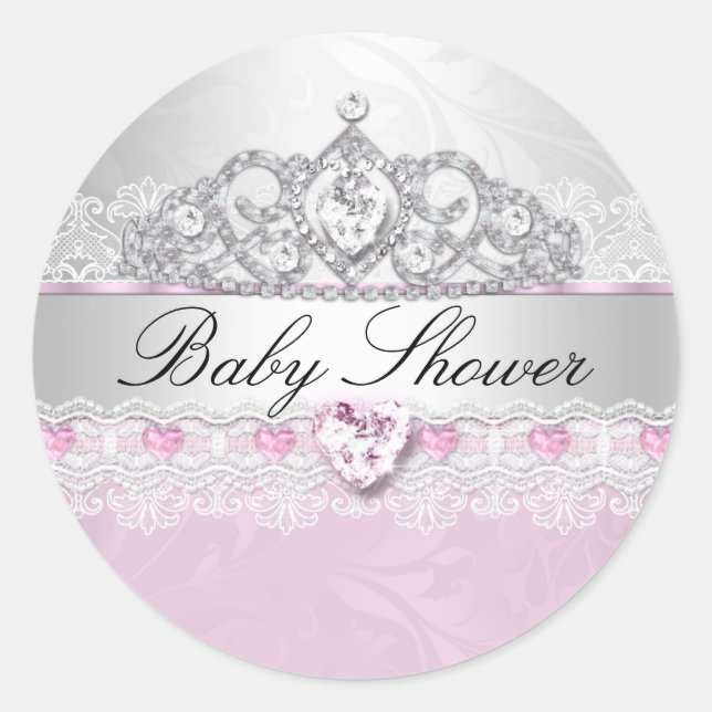 Pink Princess Tiara & Lace Baby Shower Stickers (Front)