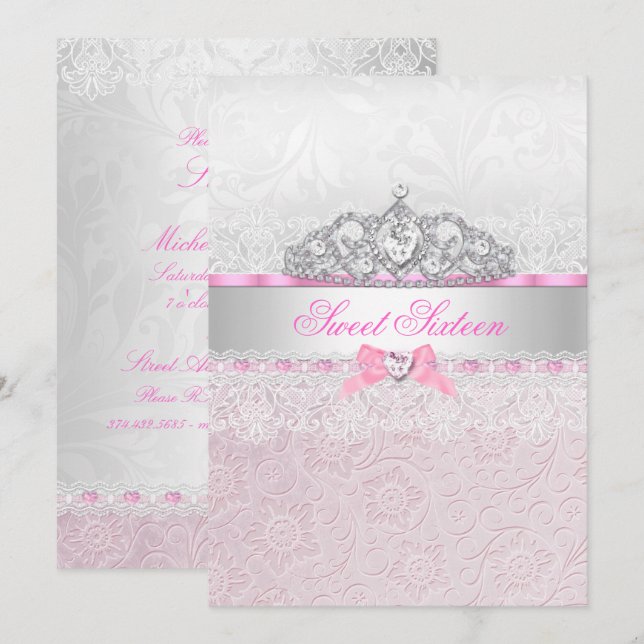 Pink Princess Tiara Lace Sweet 16 Invitation (Front/Back)