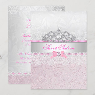 Pink Princess Tiara Lace Sweet 16 Invitation