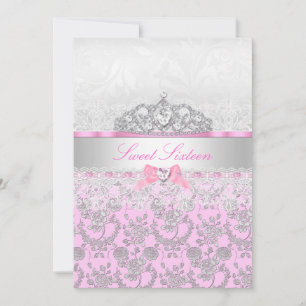 Pink Princess Tiara & Lace Sweet 16 Invitation