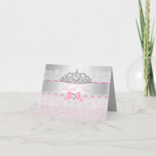 Pink Princess Tiara & Lace Thank You Card