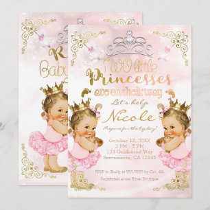 Pink Princess Tutu & Crown Twin Girls Baby Shower Invitation