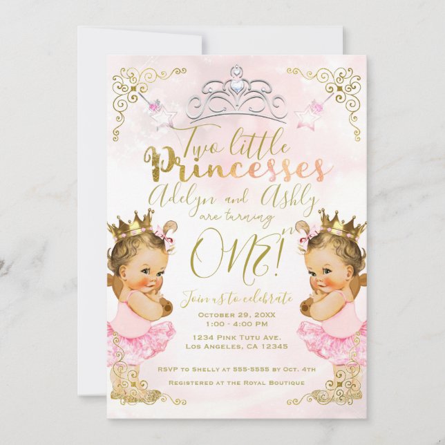 Pink Princess Tutu & Crown Twin Girls Birthday  Invitation (Front)