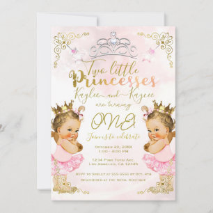 Pink Princess Tutu & Crown Twin Girls Birthday  Invitation