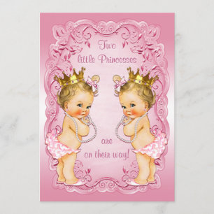 Pink Princess Twins with Pearls Baby Shower Invitation