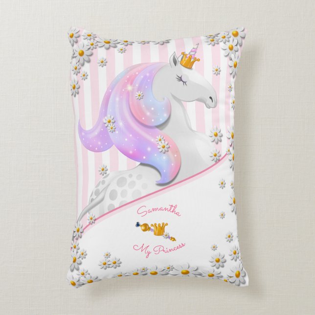 Pink Princess Unicorn Personalised Striped Decorative Cushion (Front(Vertical))