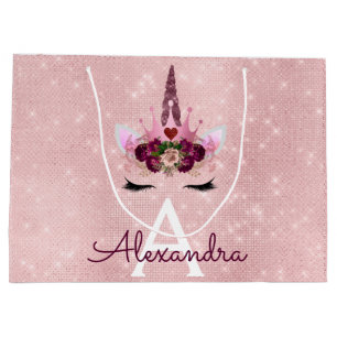 Pink Princess Unicorn Rose Gold Blush Pink Glitter Large Gift Bag