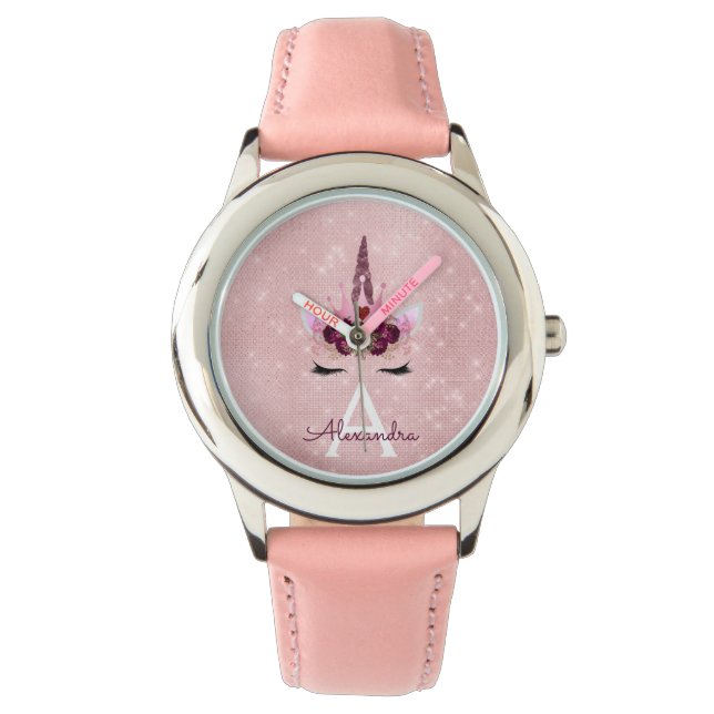 Pink Princess Unicorn Rose Gold Blush Pink Glitter Watch (Front)