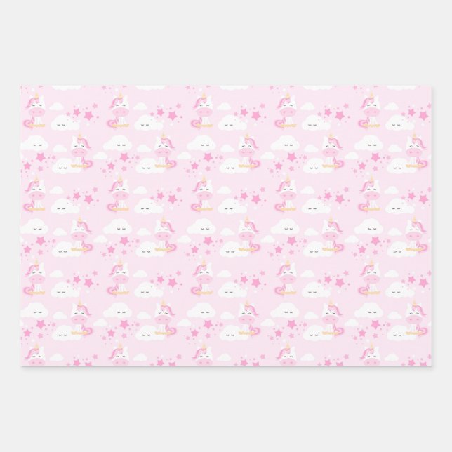 Pink Princess & Unicorns Birthday Party Wrap Wrapping Paper Sheet (Front)