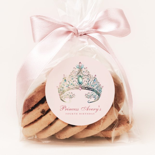 Pink Princess Watercolor Tiara Birthday Classic Round Sticker (Creator Uploaded)