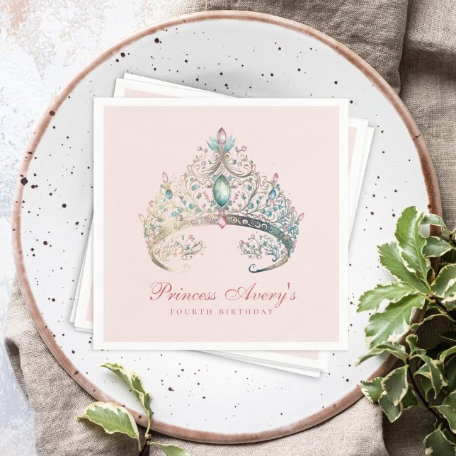 Pink Princess Watercolor Tiara Birthday Napkin (Creator Uploaded)