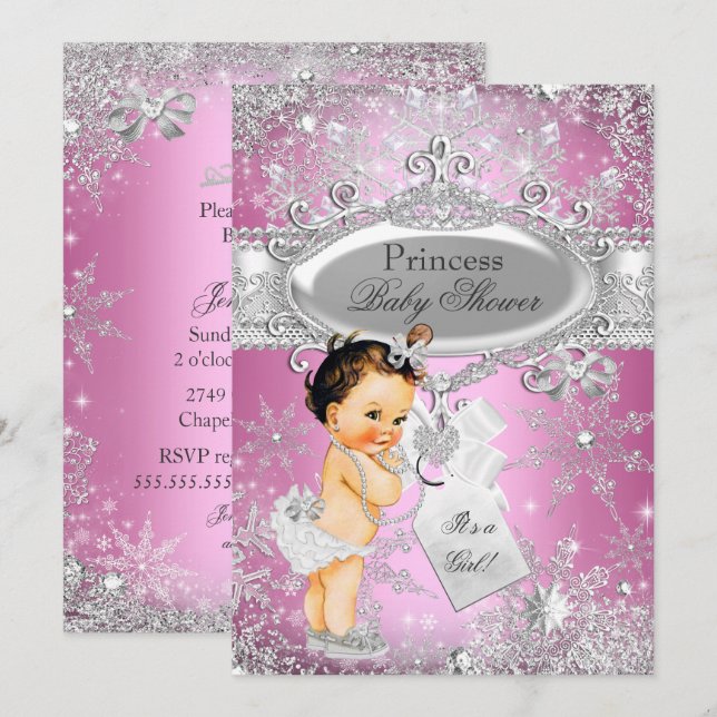 Pink Princess Winter Wonderland Baby Shower Brown Invitation (Front/Back)