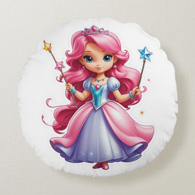 Pink Princess With Magical Wand And Tiara Round Cushion (Front)