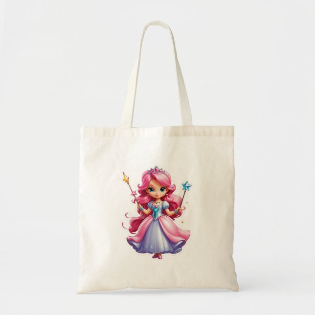 Pink Princess With Magical Wand And Tiara Tote Bag (Front)