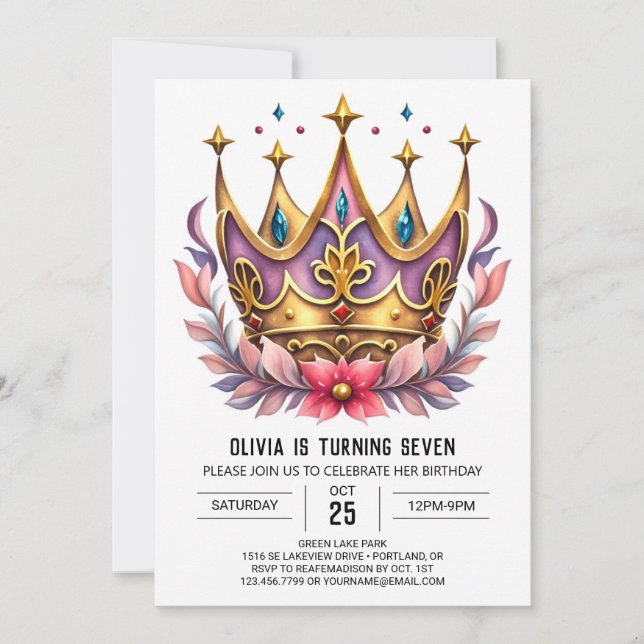 Pink Printable Princess Crown Birthday Invitation (Front)