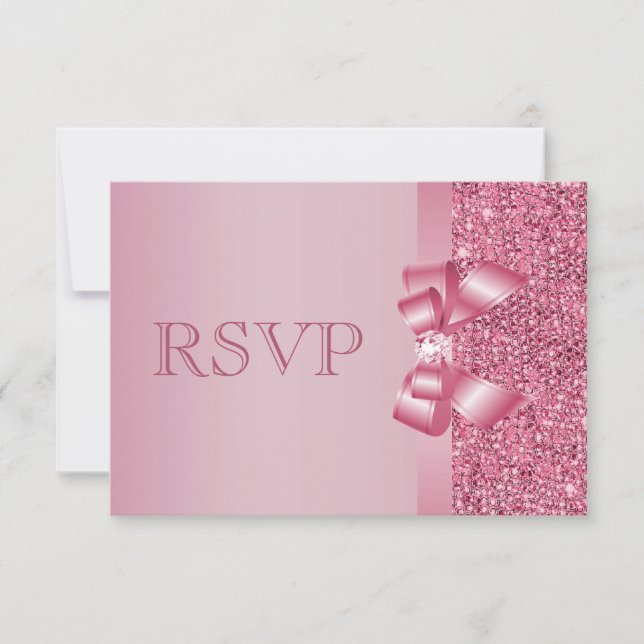 Pink Printed Sequins Bow & Diamond RSVP Card (Front)