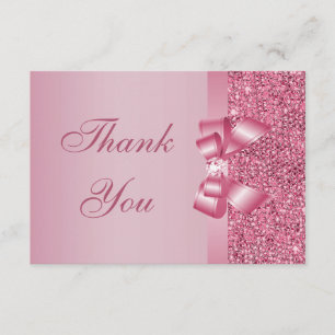 Pink Printed Sequins Bow & Diamond Thank You Card