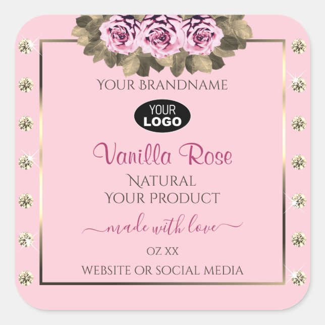 Pink Product Packaging Labels Roses Diamonds Logo (Front)