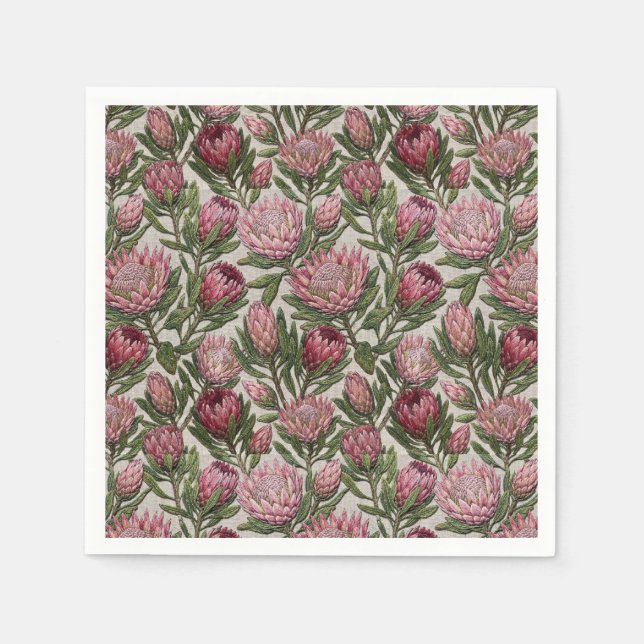 Pink Protea Embroidered-Look Botanical Pattern Napkin (Front)