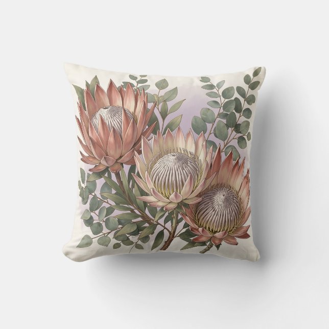 Pink Protea Eucalyptus Botanical Arrangement  Cushion (Front)