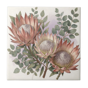 Pink Protea Eucalyptus Botanical Arrangement Tile