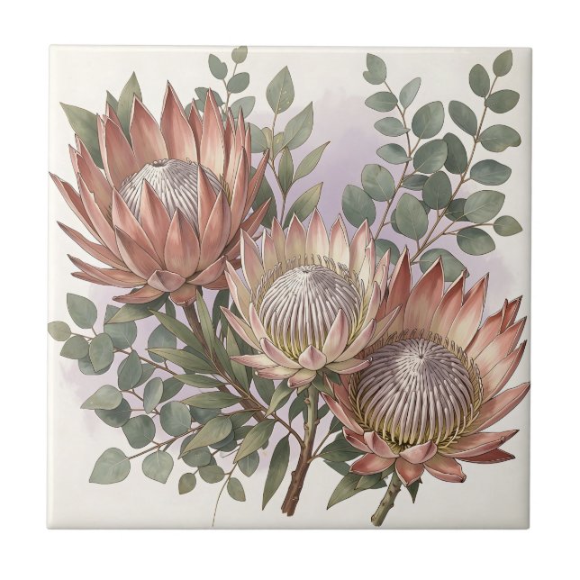 Pink Protea Eucalyptus Botanical Arrangement  Tile (Front)