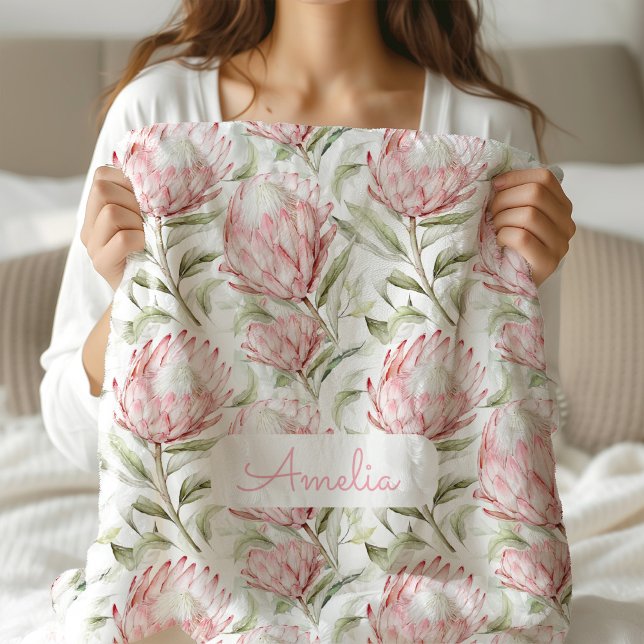 Pink Protea Floral Girls Custom Fleece Blanket (Creator Uploaded)