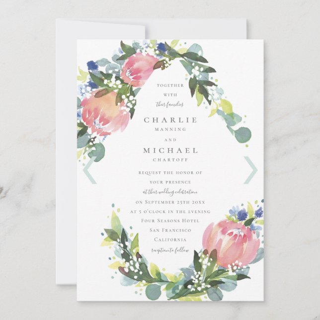 Pink Protea Floral Wedding Invite (Front)