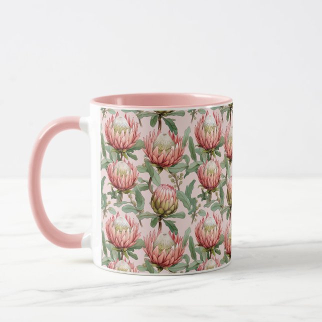 Pink Protea Flowers Botanical Floral Pattern Mug (Left)