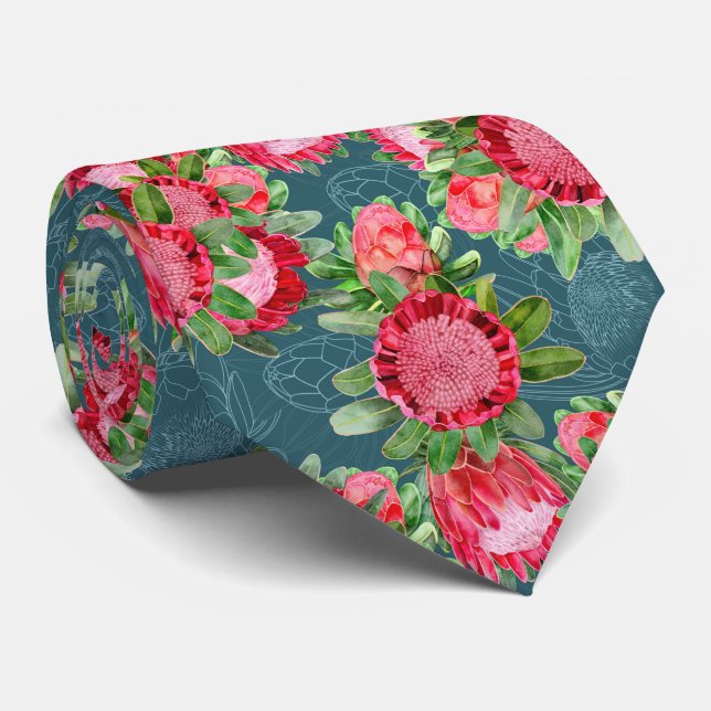 Pink Protea Watercolour Garden Blooms Tie (Rolled)