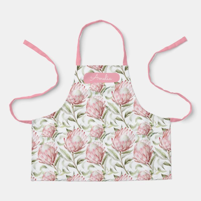 Pink Proteas Floral Apron personalised for kids (Front)