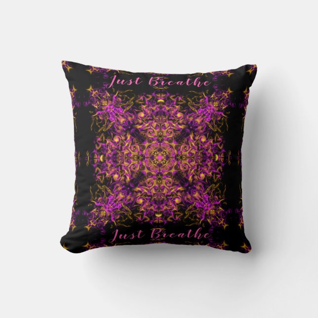 Pink Psychedelic Bohemian Mandala Just Breathe Cushion (Front)