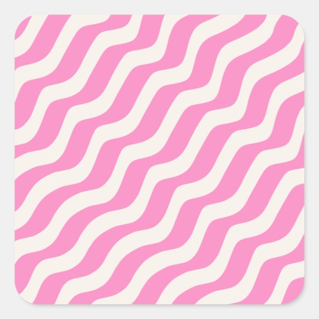 Pink Psychedelic Stripes Abstract Retro Wavy Lines Square Sticker (Front)