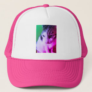 Pink psychedelic tabby cat has pink & purple eyes. trucker hat
