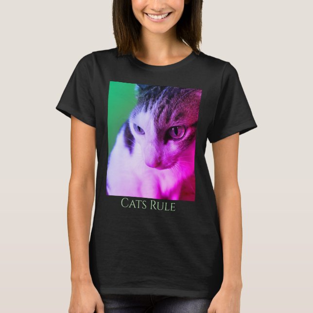 Pink Psychedelic Tabby Cat pink & purple eyes, D T-Shirt (Front)