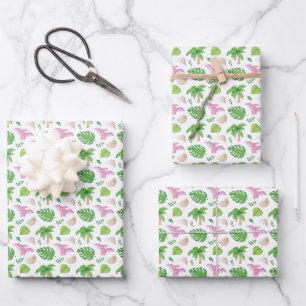 Pink Pterodactyl & Tropical Foliage Pattern Wrapping Paper Sheet