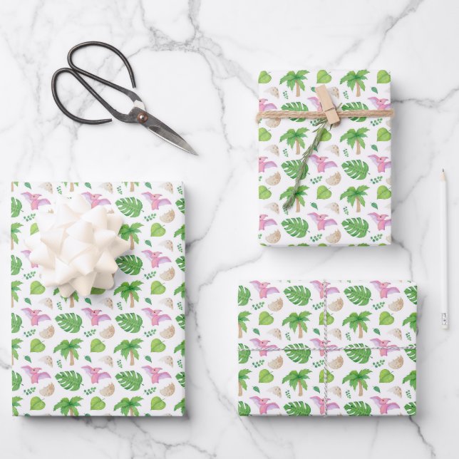 Pink Pterodactyl & Tropical Foliage Pattern Wrapping Paper Sheet (Front)