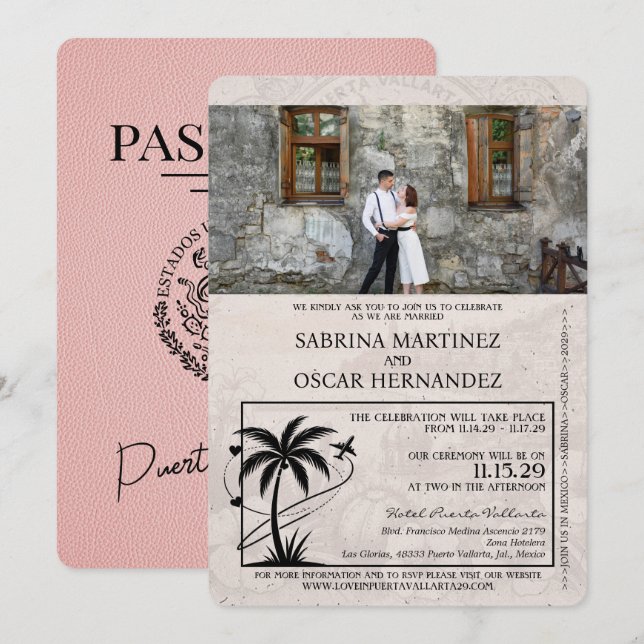 Pink Puerta Vallarta Passport Wedding Invitation (Front/Back)