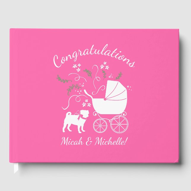 Pink Pug Dog Theme Party Celebration Guest Book (Front)