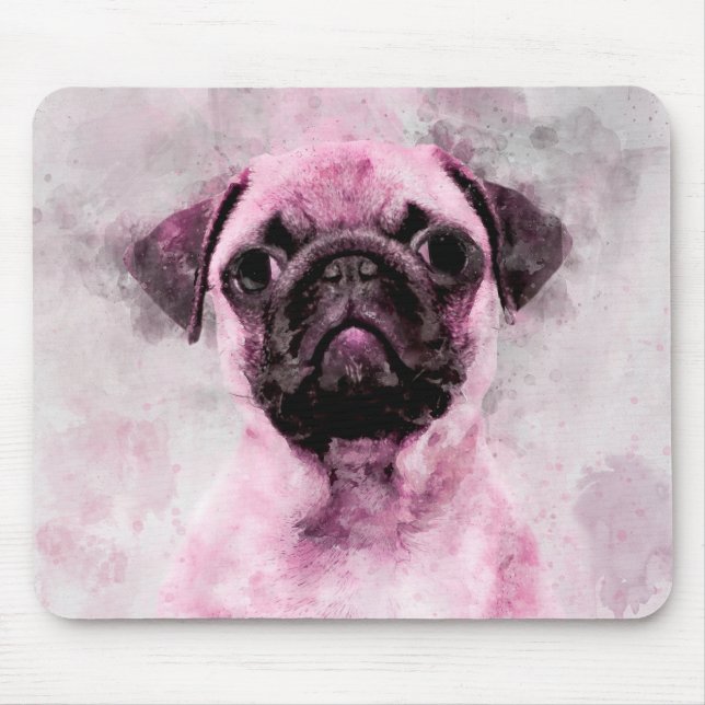 Pink Pug Dog Watercolor Portrait 02 Mouse Mat (Front)