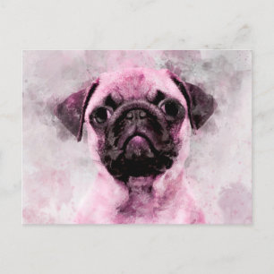 Pink Pug Dog Watercolor Portrait 02 Postcard