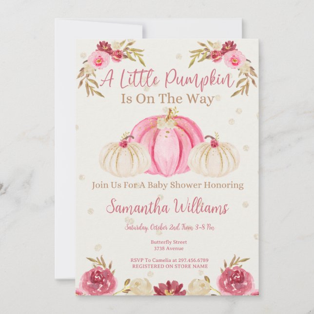 Pink Pumpkin And Burgundy Floral Invitation (Front)
