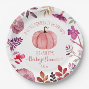 Pink Pumpkin and Flowers Girl Baby Shower Paper Plate