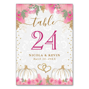 Pink Pumpkin and Flowers Wedding Seating Chart Table Number