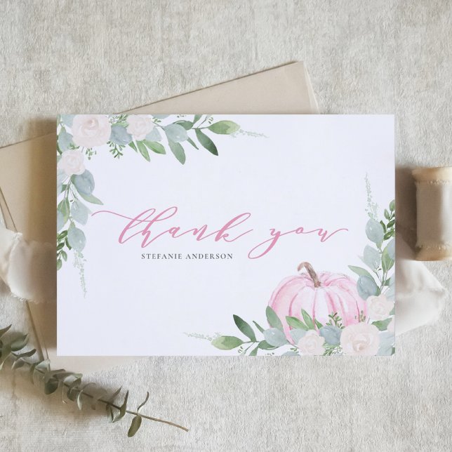 Pink Pumpkin and Greenery Autumn Baby Shower Thank You Card (Creator Uploaded)