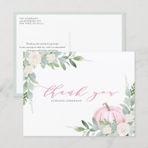 Pink Pumpkin and Greenery Autumn Thank You Postcard